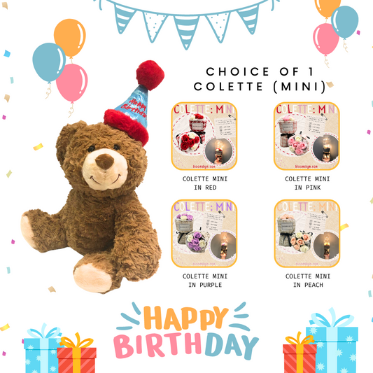Soft Toy Plushie-Birthday Teddy+Soap Flower Rose Bouquet Box-Colette Mini Bundle