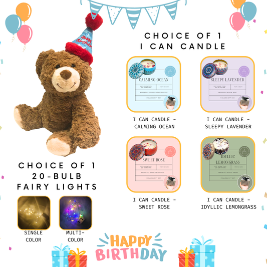 Soft Toy Plushie-Birthday Teddy+I Can Candle Bundle