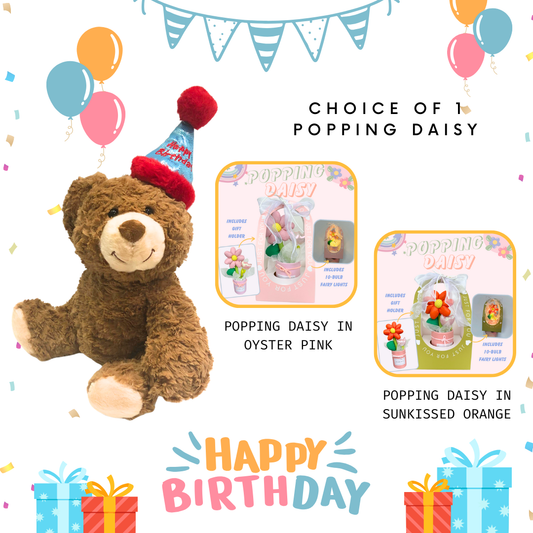 Soft Toy Plushie-Birthday Teddy+Fabric Flower Popping Daisy Bundle