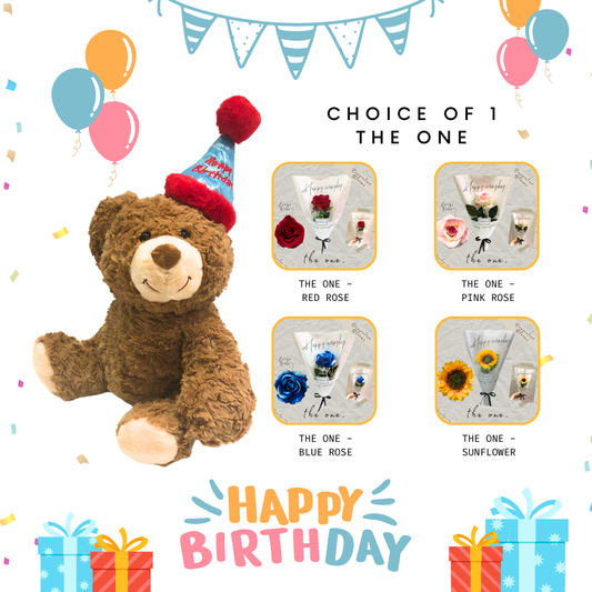 Soft Toy Plushie-Birthday Teddy+Faux Flower Bouquet The One Bundle