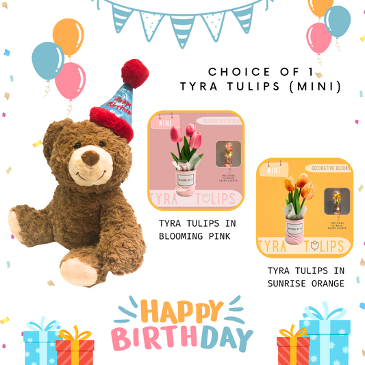 Soft Toy Plushie - Birthday Teddy+Faux Tulips Flower Box-Tyra Tulips Mini Bundle