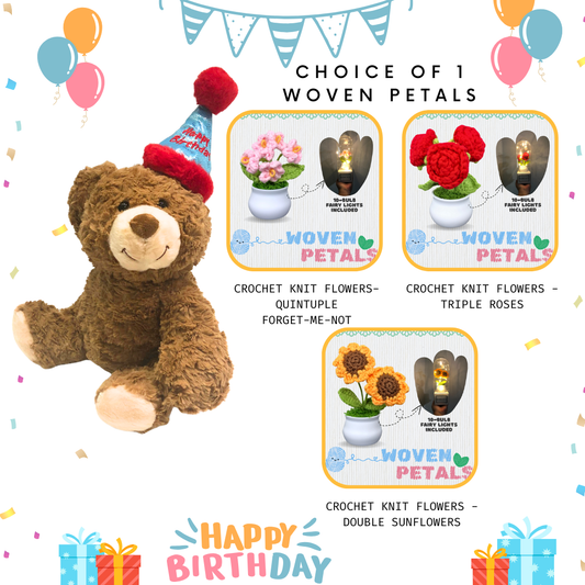 Soft Toy Plushie-Birthday Teddy+Crochet Knit Flowers Woven Petals Bundle