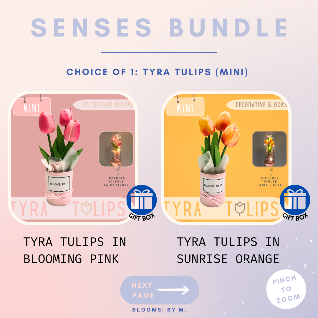 Senses Bundle - Tyra Tulips: Mini Faux Flowers Bouquet + Beryl's Chocolate (Halal) + Candle