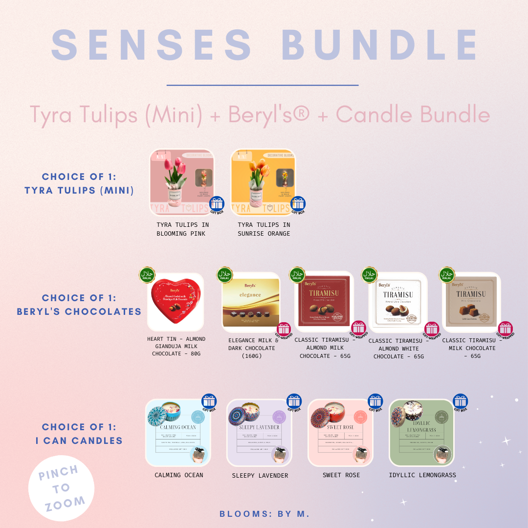Senses Bundle - Tyra Tulips: Mini Faux Flowers Bouquet + Beryl's Chocolate (Halal) + Candle