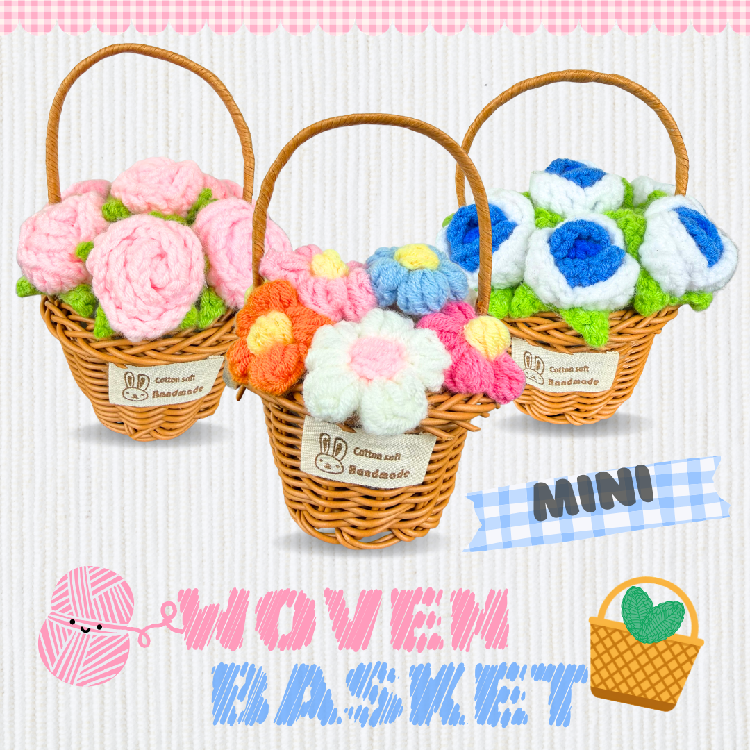 Woven Basket Mini - Crochet Flowers - Pink Roses