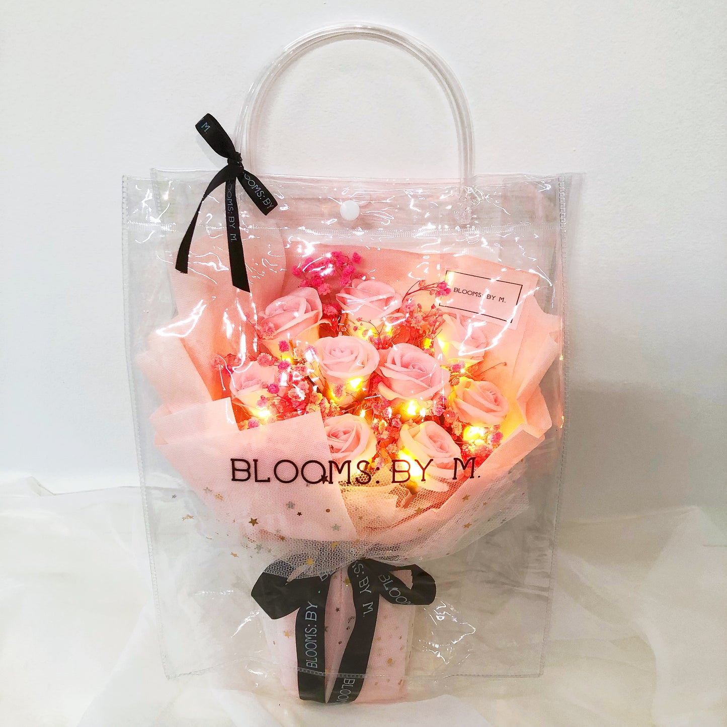 Soap Flower Rose & Preserved Baby Breath Bouquet - Ophia in Pink