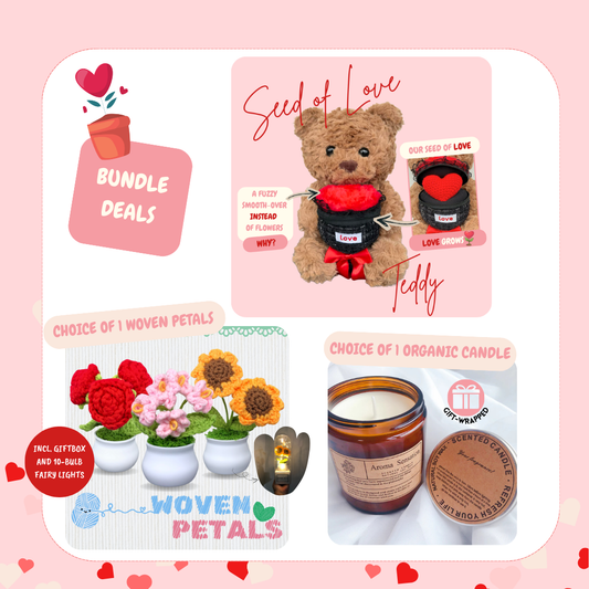 Seed of Love Teddy Bundle + Woven Petals Crochet Flower + Candle