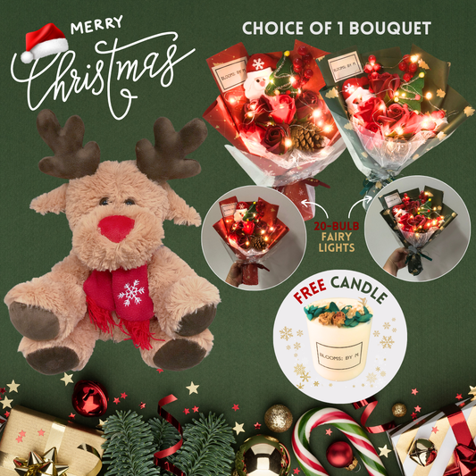 [Free Candle] Christmas Bundle - Christmas Reindeer + Christmas Soap Flowers Rose Bouquet