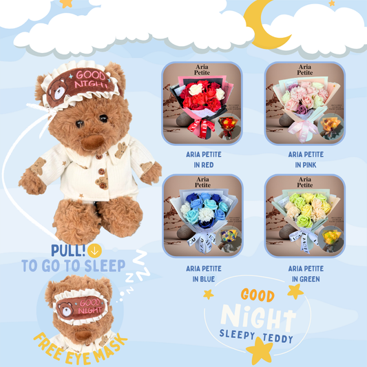 Good Night, Sleepy Teddy + Soap Flower Rose Bouquet Aria Petite Bundle