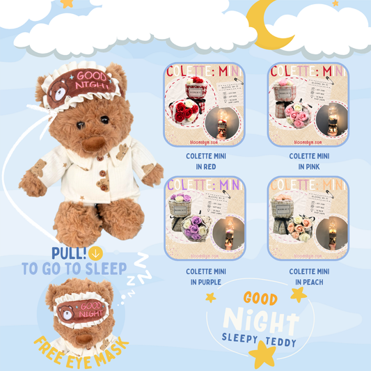 Good Night, Sleepy Teddy+Soap Flower Rose Bouquet Box-Colette Mini Bundle