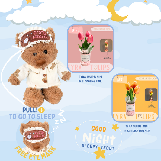 Good Night, Sleepy Teddy+Faux Tulips Flower Box-Tyra Tulips Mini Bundle