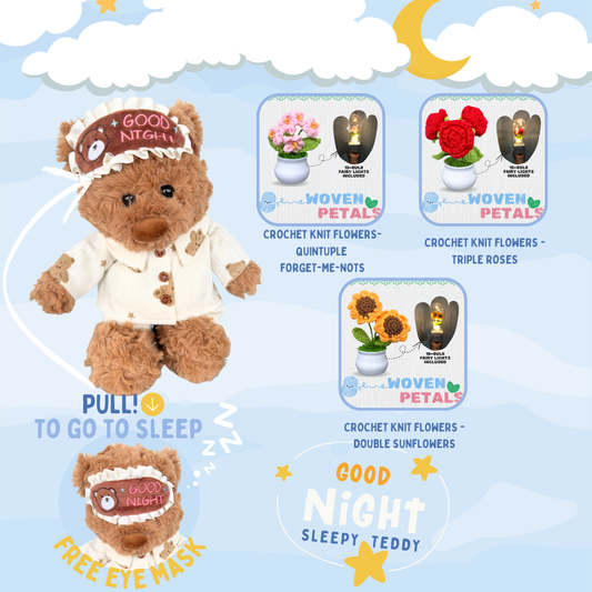 Good Night, Sleepy Teddy + Crochet Knit Flowers Woven Petals Bundle