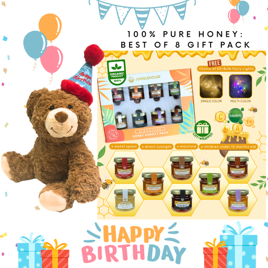 Soft Toy Plushie-Birthday Teddy+100% Pure Honey: Best of 8 Gift Pack Bundle