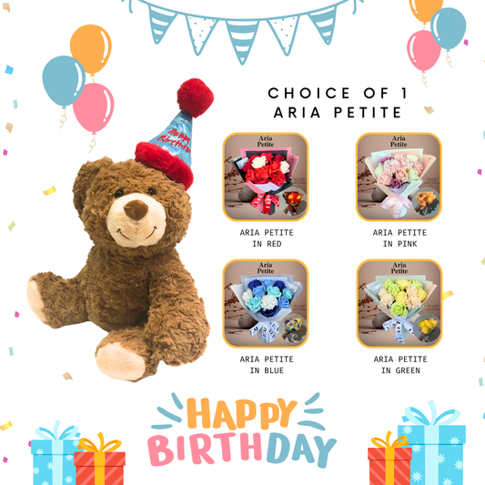 Soft Toy Plushie-Birthday Teddy + Soap Flower Rose Bouquet Aria Petite Bundle