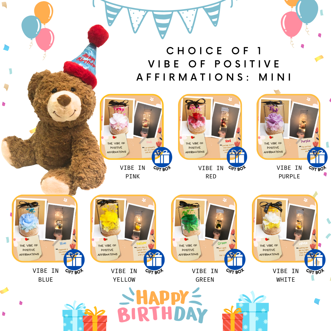 Soft Toy Plushie-Birthday Teddy+Preserved Positive Vibe Mini Bundle