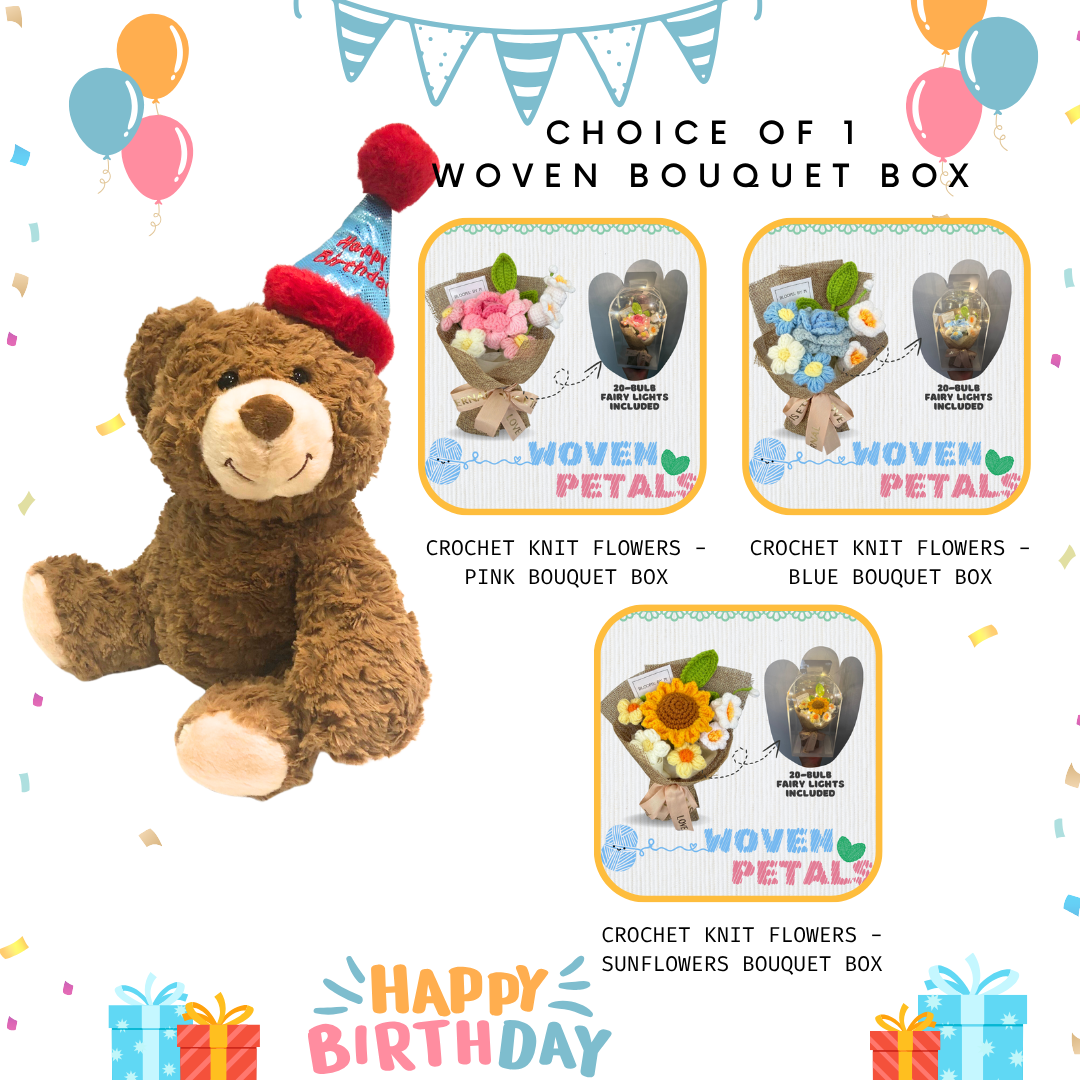 Soft Toy Plushie-Birthday Teddy + Crochet Woven Bouquet Box Bundle