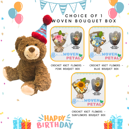 Soft Toy Plushie-Birthday Teddy + Crochet Woven Bouquet Box Bundle