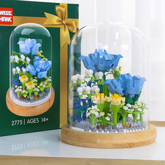 Brick Toy Flower - Mini Glass Terrarium - Blue Roses (543 pieces)
