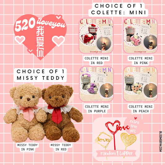 52❤️ - I Love You - Missy Teddy Bundle - Missy Teddy+Soap Flower Rose Bouquet Box-Colette Mini