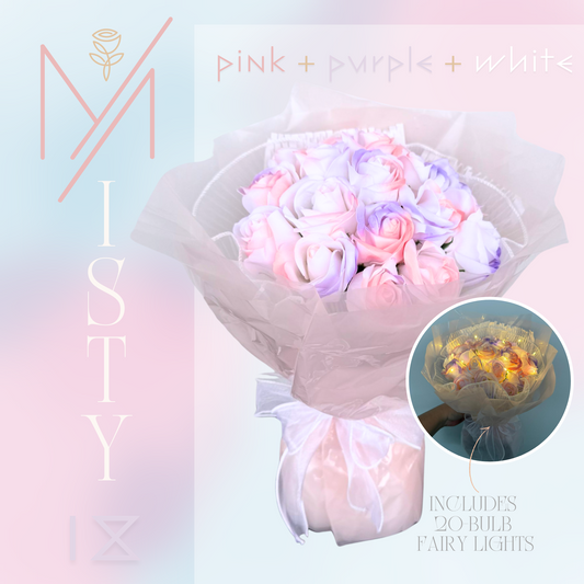 Soap Flower Rose Bouquet - Misty  Rosey 18 in Pink + Purple + White