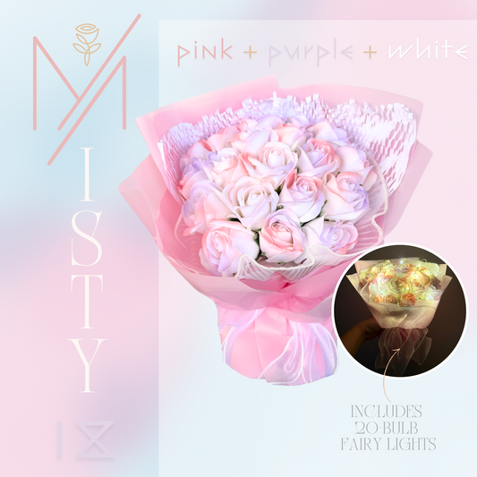 Soap Flower Rose Bouquet - Misty  Rosey 18 in Pink + Purple + White