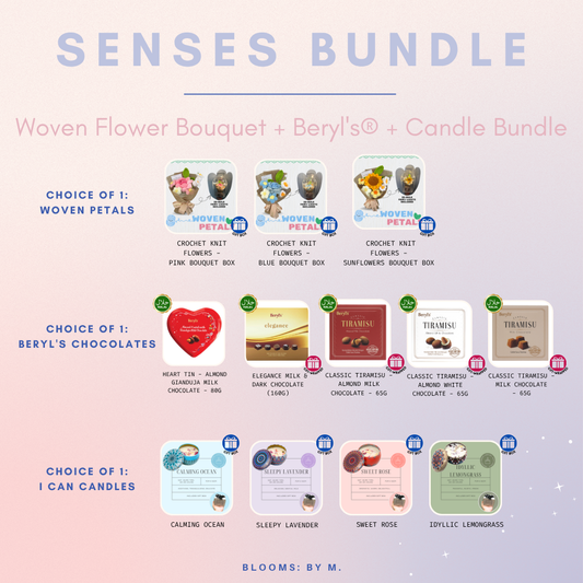 Senses Bundle - Crochet Woven Bouquet Box + Beryl's Chocolate (Halal) + Candle