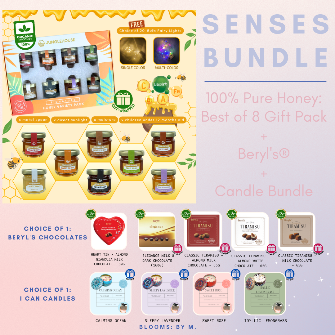 Senses Bundle - 100% Pure Honey: Best of 8 Gift Pack + Beryl's Chocolate (Halal) + Candle