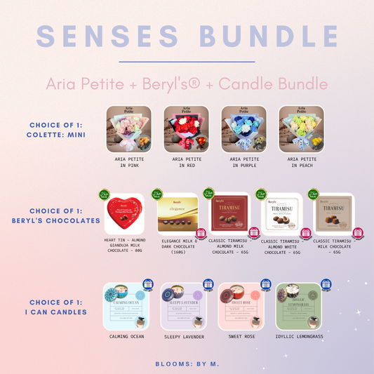 Senses Bundle - Soap Flower Aria Petite + Beryl's Chocolate (Halal) + Candle