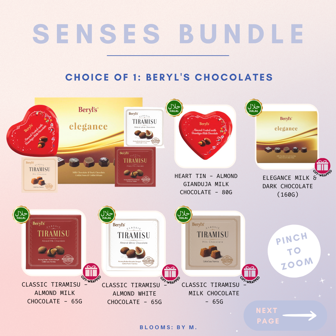 Senses Bundle - Misty Soap Flowers Bouquet + Beryl's Chocolate (Halal) + Candle