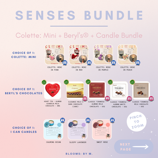 Senses Bundle - Colette: Mini Soap Flowers Bouquet + Beryl's Chocolate (Halal) + Candle