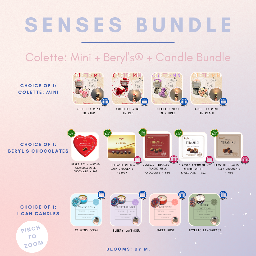 Senses Bundle - Colette: Mini Soap Flowers Bouquet + Beryl's Chocolate (Halal) + Candle