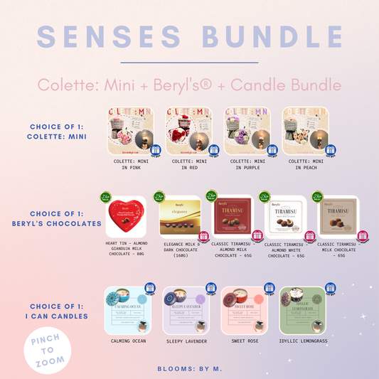 Senses Bundle - Colette: Mini Soap Flowers Bouquet + Beryl's Chocolate (Halal) + Candle