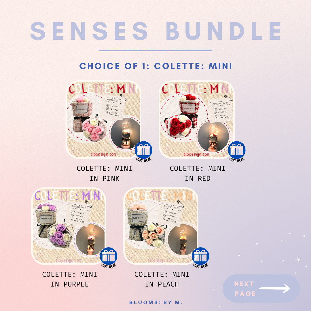 Senses Bundle - Colette: Mini Soap Flowers Bouquet + Beryl's Chocolate (Halal) + Candle
