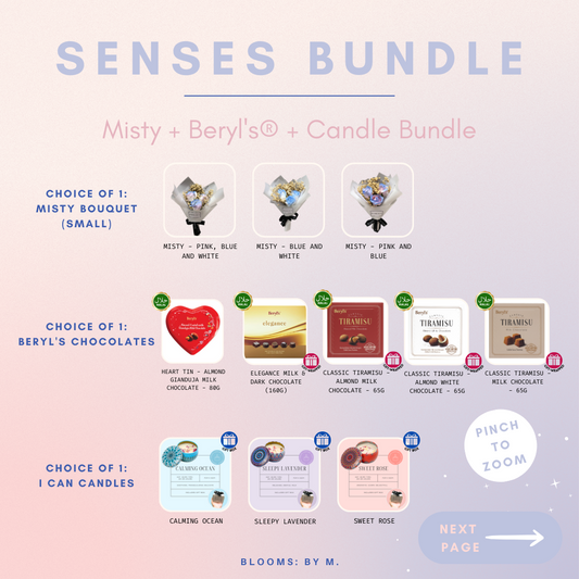 Senses Bundle - Misty Soap Flowers Bouquet + Beryl's Chocolate (Halal) + Candle