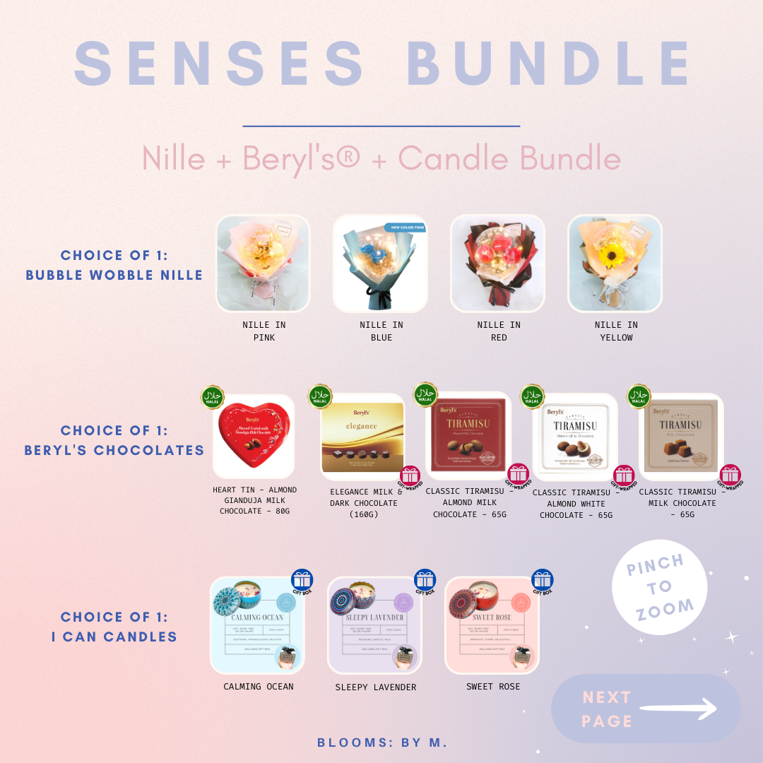 Senses Bundle - Nille Soap Flowers Bouquet + Beryl's Chocolate (Halal) + Candle