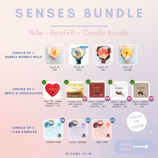 Senses Bundle - Nille Soap Flowers Bouquet + Beryl's Chocolate (Halal) + Candle