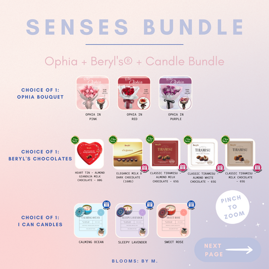 Senses Bundle - Ophia Soap Flowers Bouquet + Beryl's Chocolate (Halal) + Candle