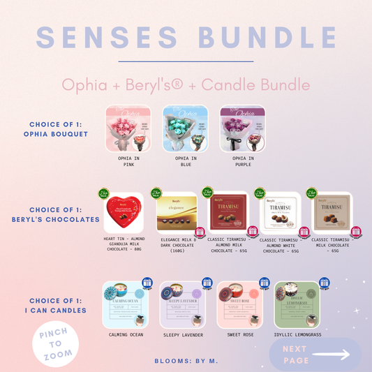 Senses Bundle - Ophia Soap Flowers Bouquet + Beryl's Chocolate (Halal) + Candle