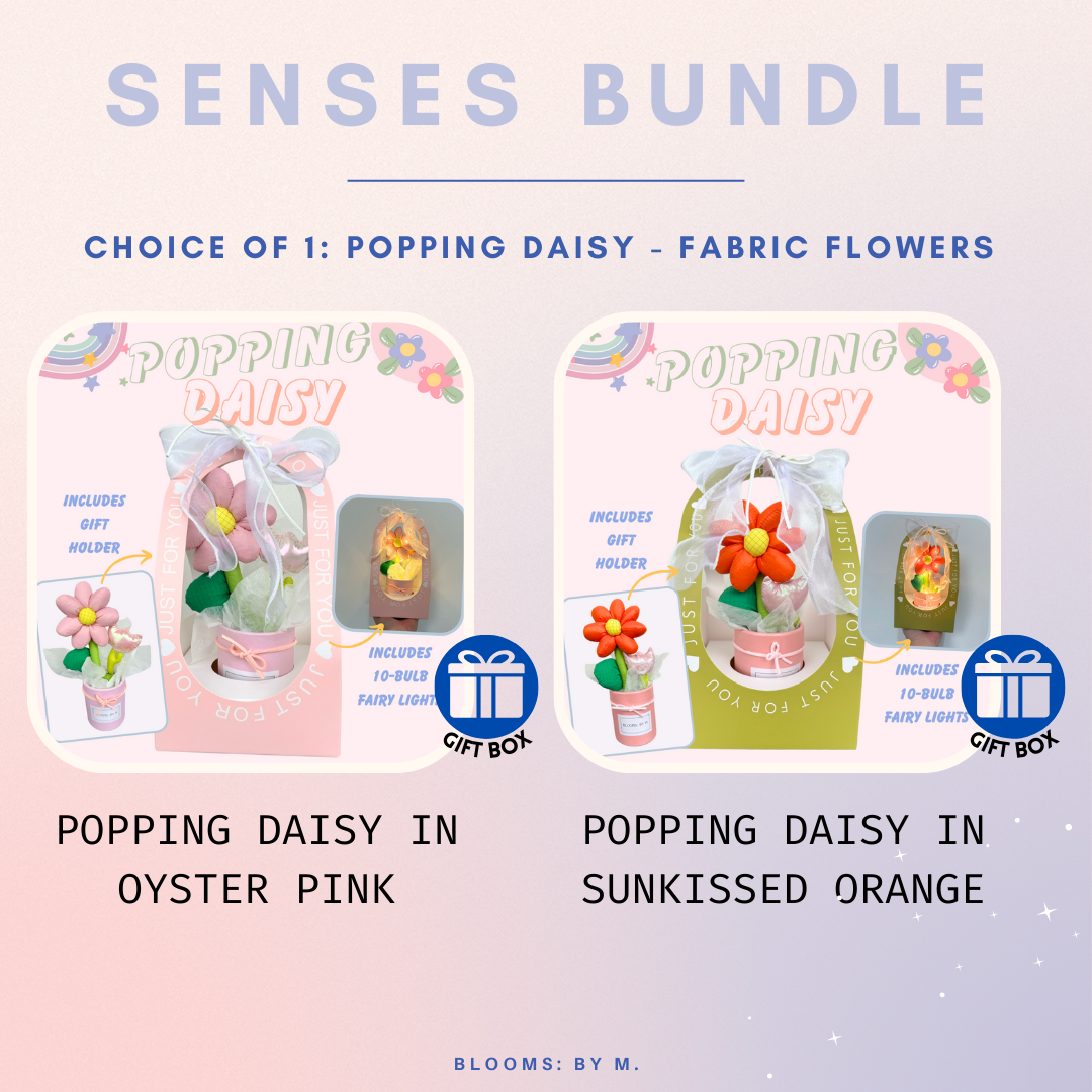 Senses Bundle - Popping Daisy Fabric Flower + Beryl's Chocolate (Halal) + Candle