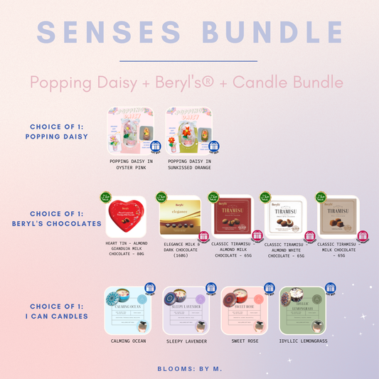 Senses Bundle - Popping Daisy Fabric Flower + Beryl's Chocolate (Halal) + Candle