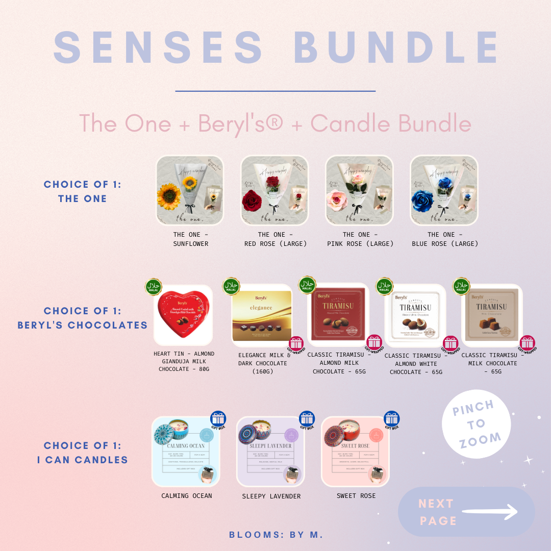 Senses Bundle -  The One Faux Flowers Bouquet + Beryl's Chocolate (Halal) + Candle