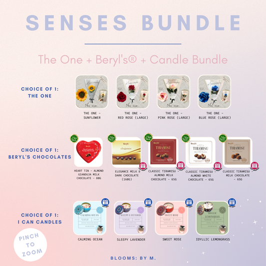 Senses Bundle -  The One Faux Flowers Bouquet + Beryl's Chocolate (Halal) + Candle