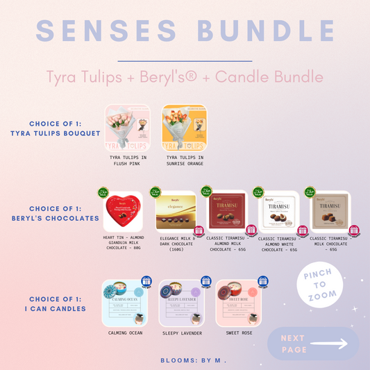 Senses Bundle - Tyra Tulips Faux Flowers Bouquet + Beryl's Chocolate (Halal) + Candle