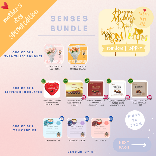 Mother's Day Senses Bundle - Tyra Tulips Faux Flowers Bouquet + Beryl's Chocolate (Halal) + Candle