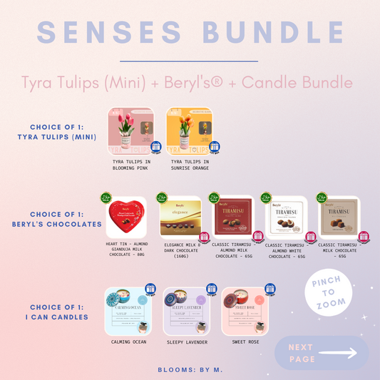 Senses Bundle - Tyra Tulips: Mini Faux Flowers Bouquet + Beryl's Chocolate (Halal) + Candle