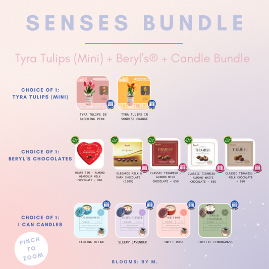 Senses Bundle - Tyra Tulips: Mini Faux Flowers Bouquet + Beryl's Chocolate (Halal) + Candle