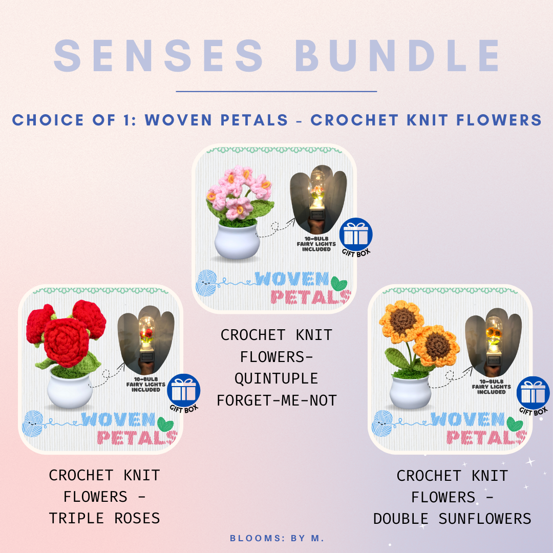 Senses Bundle - Woven Petals Crochet Knit Flowers + Beryl's Chocolate (Halal) + Candle