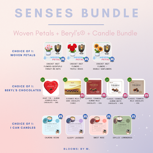 Senses Bundle - Woven Petals Crochet Knit Flowers + Beryl's Chocolate (Halal) + Candle