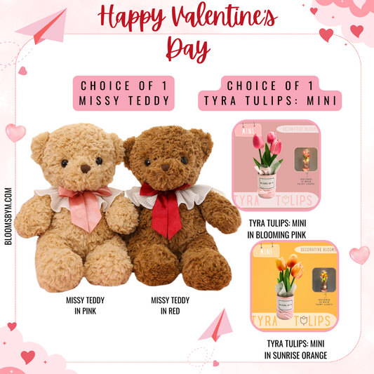 Valentine's Day - Missy Teddy + Faux Tulips Flower Box - Tyra Tulips Mini Bundle