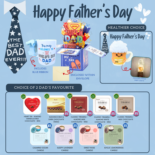 World's Best Dad Mug + Super Hero Dad Mini Standee Bundle with Woven Beer Happy
